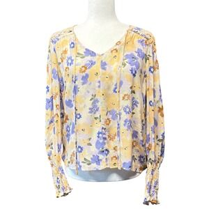 Dear John Floral V-Neck Blouse Yellow Purple Smocked Cuff Women's Size Small NWT